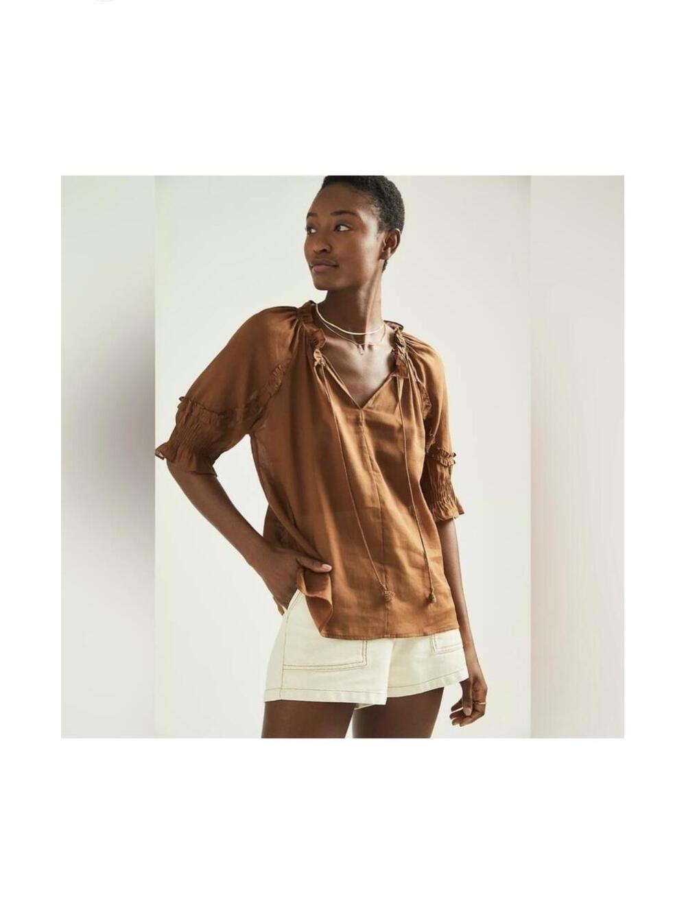 Anthropologie Daniel Rainn Roma Ruffle Boho Blouse Brown Ramie Cotton Size Small